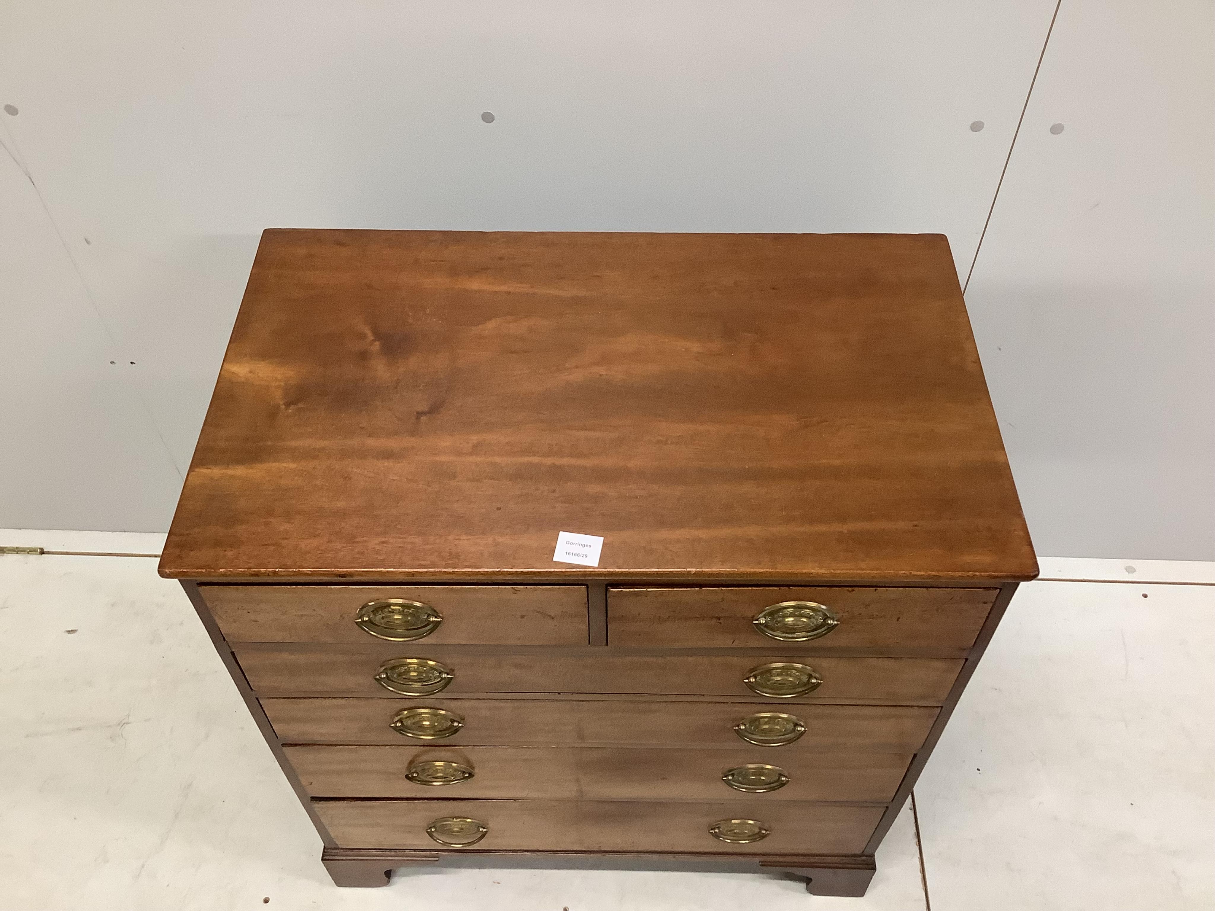 A small George III mahogany six drawer chest, width 77cm, depth 46cm, height 84cm. Condition - fair